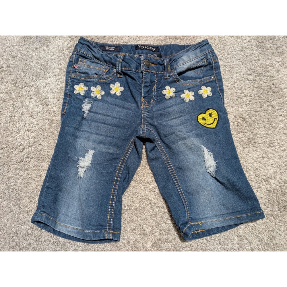 Vigoss Kids Girls Denim Shorts Size 8 Daisy Smiley Faceβ Patch Distressed